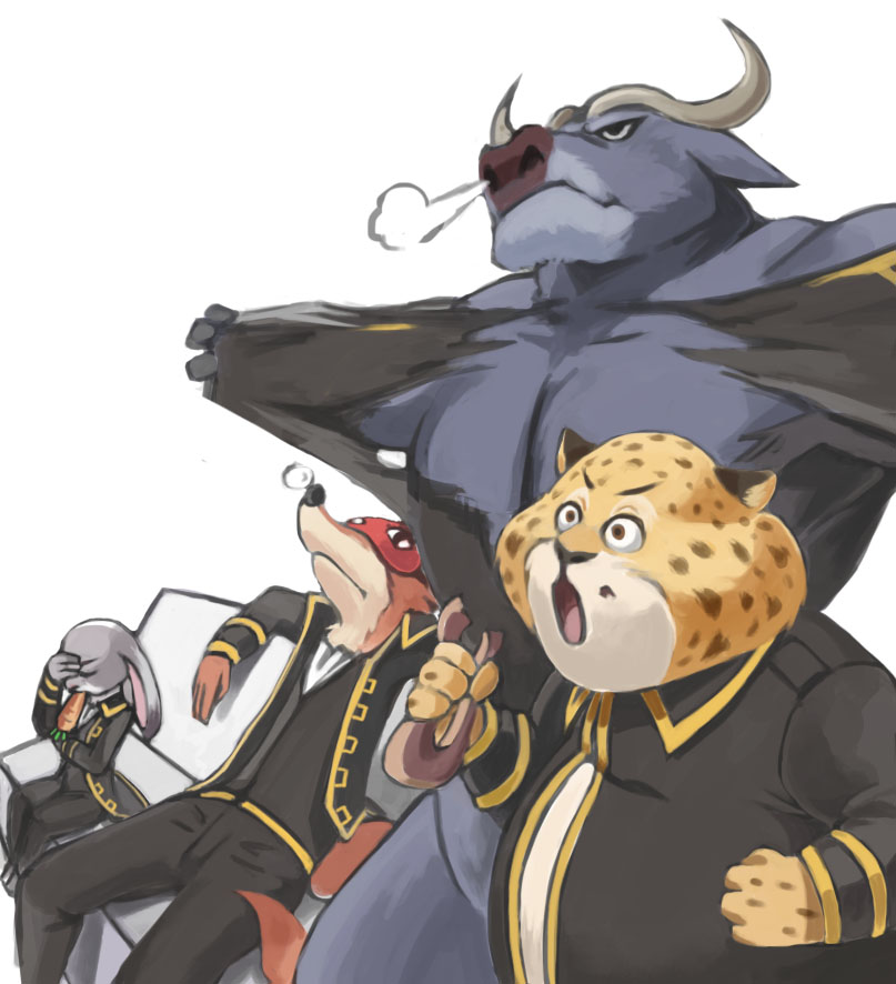 1girl, 3boys, :o, alternate_costume, animal, bei_ju_luoxuan_wan, benjamin_clawhauser, black_jacket