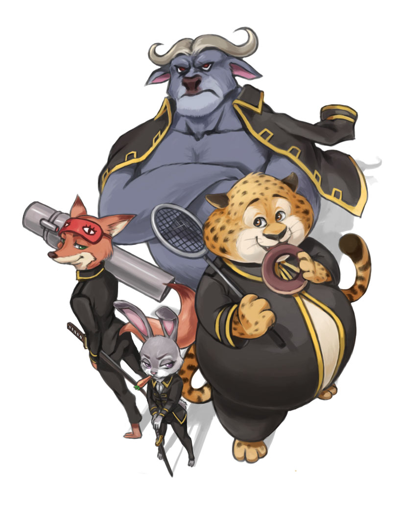 1girl, 3boys, alternate_costume, animal, bei_ju_luoxuan_wan, benjamin_clawhauser, black_pants, brown_hair, carrot, carrying_over_shoulder, chief_bogo, cosplay, crossed_arms, disney, donut, eating, food, fox, from_above, frown, furry, gintama, green_eyes, hand_in_pocket, hijikata_toushirou, hijikata_toushirou_(cosplay), holding, holding_food, jacket, jacket_on_shoulders, judy_hopps, katana, kondou_isao, kondou_isao_(cosplay), legs_apart, long_sleeves, looking_at_viewer, m1_bazooka, military, military_uniform, mouth_hold, multiple_boys, nick_wilde, okita_sougo, okita_sougo_(cosplay), over_shoulder, pants, purple_eyes, rabbit, racket, red_eyes, rocket_launcher, shadow, shinsengumi_(gintama), simple_background, sleep_mask, smile, standing, sword, topless_male, v_arms, weapon, weapon_over_shoulder, white_background, yamazaki_sagaru, yamazaki_sagaru_(cosplay), zootopia
