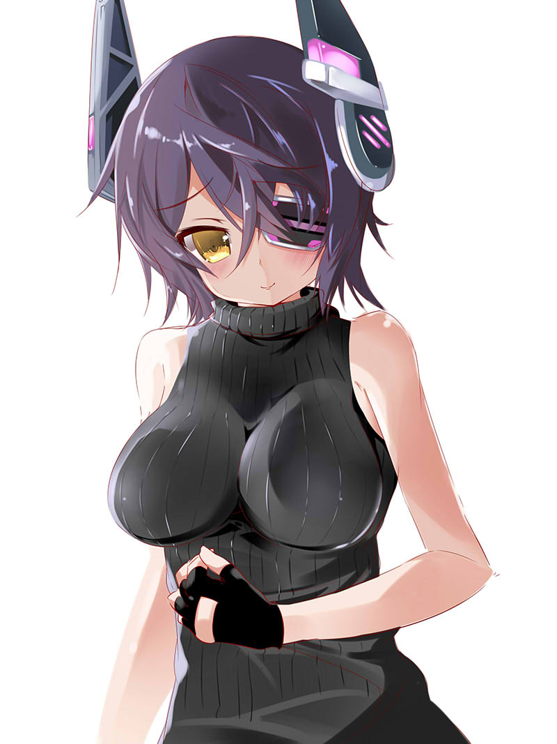 10s, 1girl, alternate_costume, black_gloves, black_sweater, blush, eyepatch, female_focus