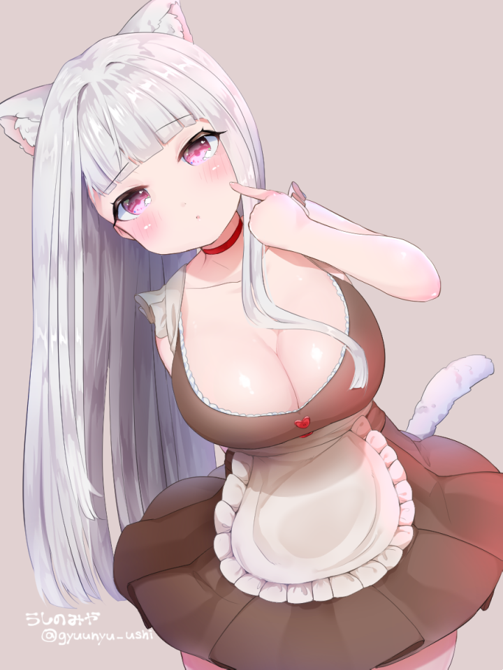 1girl, :o, albino, animal_ears, apron, bare_shoulders, blunt_bangs, blush, breasts, cat_ears, cat_girl, cat_tail, choker, cleavage, cowboy_shot, dress, eyebrows, female_focus, finger_to_cheek, frilled_apron, frills, large_breasts, leaning_to_the_side, long_hair, looking_at_viewer, original, pink_eyes, short_dress, silver_hair, simple_background, sleeveless, solo, standing, tail, twitter_username, ushinomiya, waist_apron, white_apron