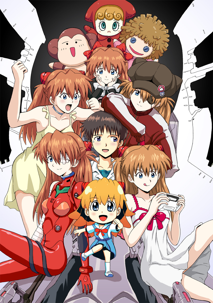 >:o, 00s, 10s, 1990s_(style), 1boy, :d, :o, :q, age_difference, amai_yadoraki, angry, animal_ears, animal_hat, arm_support, armpits, badge, bandage_over_one_eye, bandaged_arm, bandages, bare_shoulders, black_hair, blue_eyes, blush, blush_stickers, bodysuit, bow, bracer, breasts, brown_hair, button_badge, button_eyes, buttons, chibi, choker, clenched_hand, clenched_hands, closed_mouth, cockpit, collared_shirt, doll, dress, entry_plug, evangelion:_2.0_you_can_(not)_advance, evangelion:_3.0_you_can_(not)_redo, eyepatch, fake_animal_ears, frown, gloves, gradient_hair, green_eyes, hair_bow, hair_ornament, hand_up, handheld_game_console, hands_on_own_face, happy, harem, hat, hat_ornament, head_rest, highres, holding, hood, ikari_shinji, jacket, knee_up, kneehighs, leg_lift, leg_up, light_smile, long_hair, long_sleeves, looking_at_another, looking_at_viewer, looking_down, looking_to_the_side, mecha_pilot_suit, multicolored_hair, multiple_girls, multiple_persona, neon_genesis_evangelion, nervous, newsboy_cap, open_mouth, orange_hair, outstretched_arm, petit_eva:_evangelion@school, playing_games, playing_video_games, pleated_skirt, plugsuit_(evangelion), raised_eyebrows, rebuild_of_evangelion, retro_artstyle, school_uniform, shirt, shoes, short_dress, short_hair, shouting, single_vertical_stripe, sitting, skinny, skirt, small_breasts, smile, socks, souryuu_asuka_langley, spaghetti_strap, standing, standing_on_one_leg, stuffed_animal, stuffed_monkey, stuffed_toy, sundress, suspender_skirt, suspenders, sweatdrop, the_end_of_evangelion, tongue, tongue_out, track_jacket, turtleneck, twintails, two_side_up, uwabaki, v-shaped_eyebrows, white_legwear