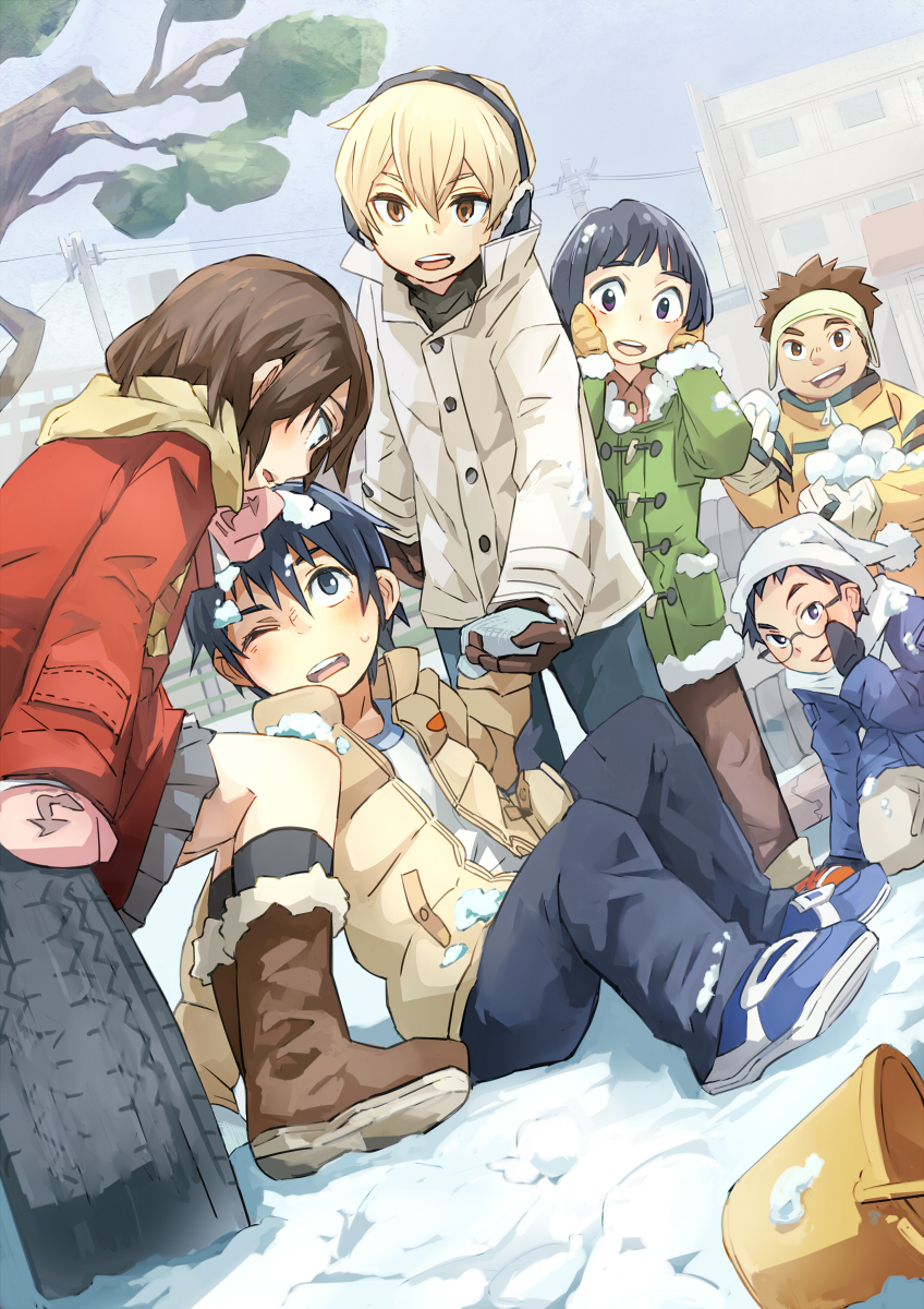 10s, 1girl, 5boys, blonde_hair, blue_eyes, blue_gloves, blue_hair, blush