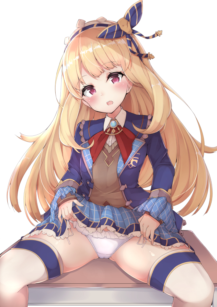 10s, 1girl, bad_id, bad_pixiv_id, blonde_hair, blush, brooch, cagliostro_(granblue_fantasy), cagliostro_(youthful_uniform)_(granblue_fantasy), clothes_lift, emblem, eyebrows, female_focus, granblue_fantasy, haru_mari, head_tilt, highres, jewelry, lifting_own_clothes, long_hair, long_sleeves, looking_at_viewer, open_mouth, panties, pink_eyes, plaid_clothes, plaid_skirt, school_uniform, side-tie_panties, simple_background, sitting, skirt, skirt_lift, solo, teeth, thighhighs, underwear, very_long_hair, white_background, white_panties