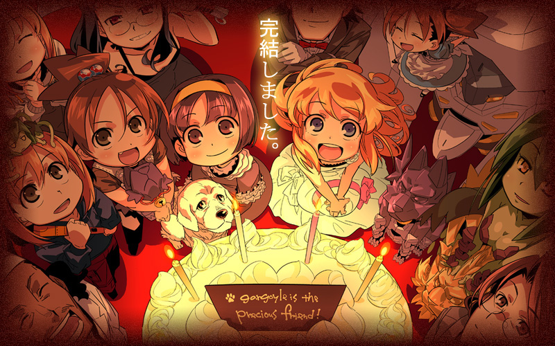 00s, 3boys, 6+girls, :d, ^_^, age_difference, bare_shoulders, bell, black_hair, blonde_hair, blue_eyes, blush, bow, bowtie, breasts, brown_eyes, brown_hair, cake, candle, character_request, child, cleavage, closed_eyes, collar, colored_skin, crossed_arms, dog, dress, english_text, everyone, facial_hair, fang, flat_chest, food, formal_clothes, frills, from_above, gargoyle, glasses, gloves, green_hair, green_skin, grin, hair_bobbles, hair_ornament, hairband, hat, unworn_hat, unworn_headwear, higashimiya_amane, himukai_yuuji, holding, holding_weapon, hyakushiki_kaitou, jingle_bell, kaitou_hyakushiki, light_smile, lili_hamilton, looking_at_viewer, maid, mama_(yoshinaga-san'chi_no_gargoyle), medium_breasts, mini_person, minigirl, monster_girl, multiple_boys, multiple_girls, mustache, neck_bell, on_head, onodera_mimori, open_mouth, osiris_(mythology), osiris_(yoshinaga-san'chi_no_gargoyle), over_shoulder, own_hands_together, parted_bangs, party, person_on_head, plant_girl, ponytail, purple_eyes, purple_hair, rimless_eyewear, siblings, sign, smile, standing, suit, sun_hat, sword, takahara_iyo, v_arms, weapon, weapon_over_shoulder, yellow_eyes, yoshinaga-san'chi_no_gargoyle, yoshinaga_futaba, yoshinaga_kazumi