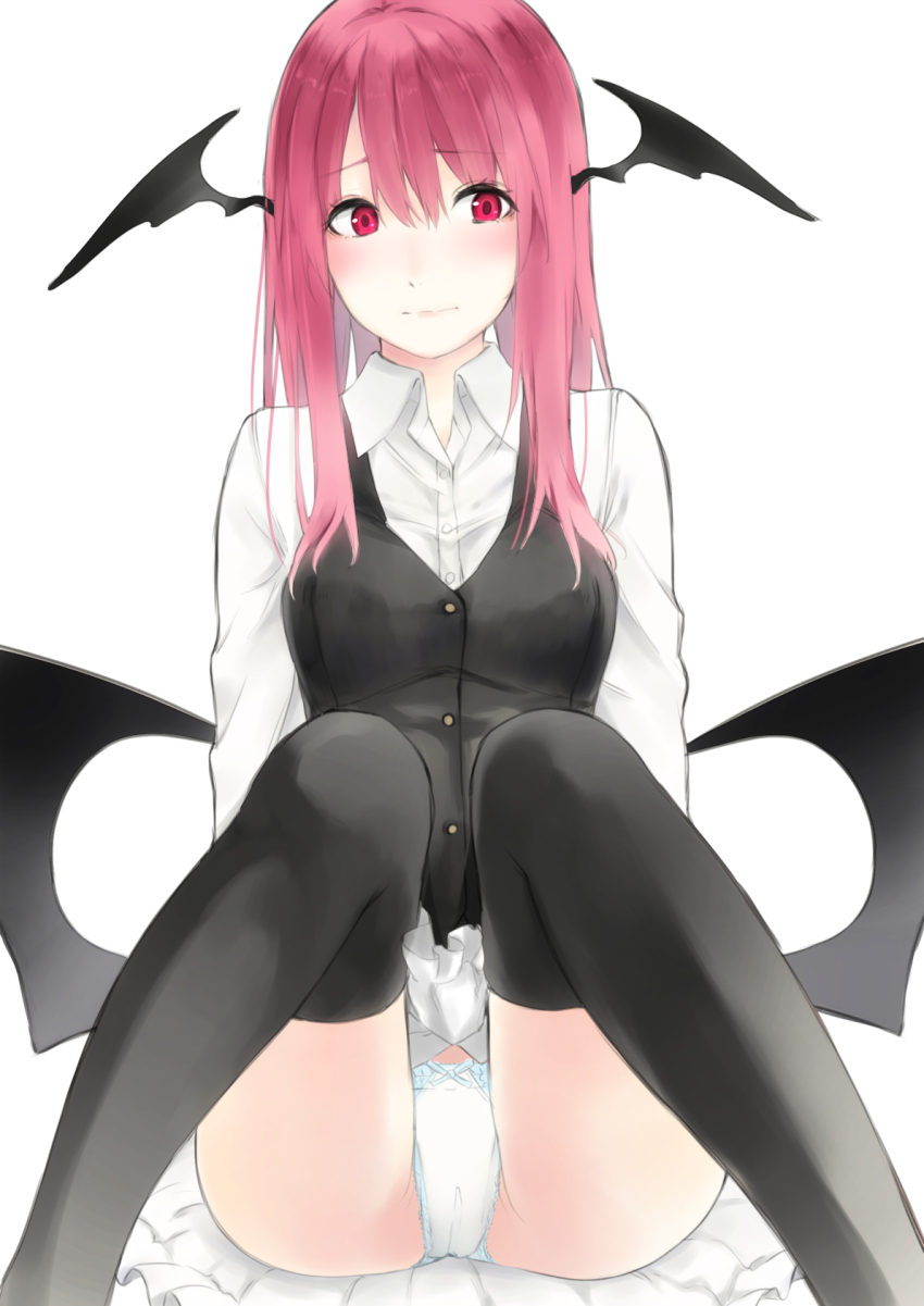 1girl, averting_eyes, bat_wings, black_legwear, blush, embarrassed, female_focus, head_wings