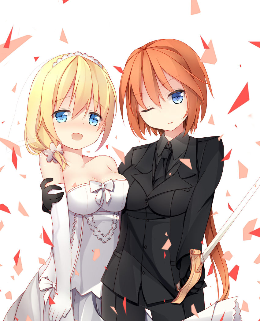 2girls, absurdres, arm_around_shoulder, artist_request, black_gloves, blonde_hair, blue_eyes, blush