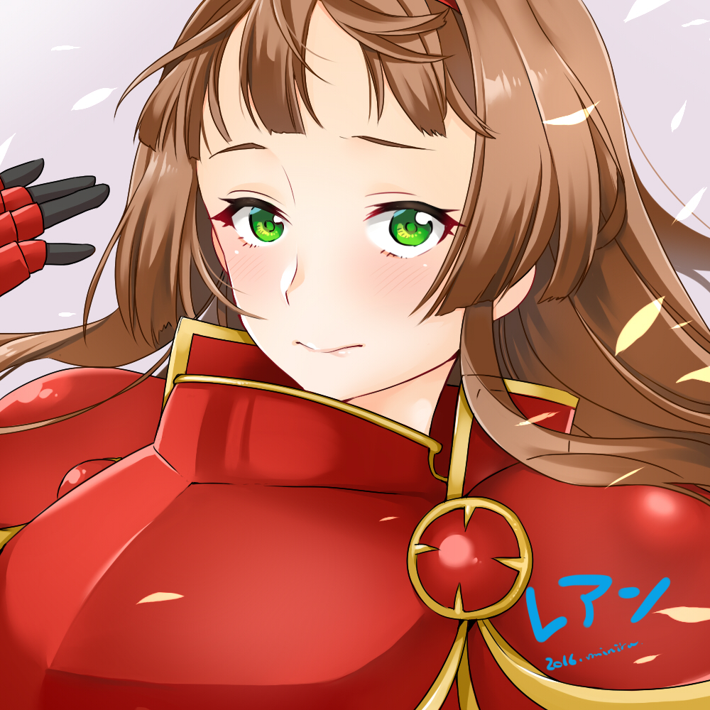 1girl, armor, artist_name, blush, brown_hair, character_name, female_focus, green_eyes