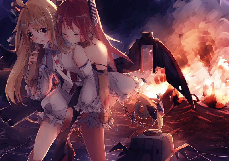 2girls, ahoge, aviere_(warship_girls_r), black_legwear, blonde_hair, blouse, blush, camicia_nera_(warship_girls_r)