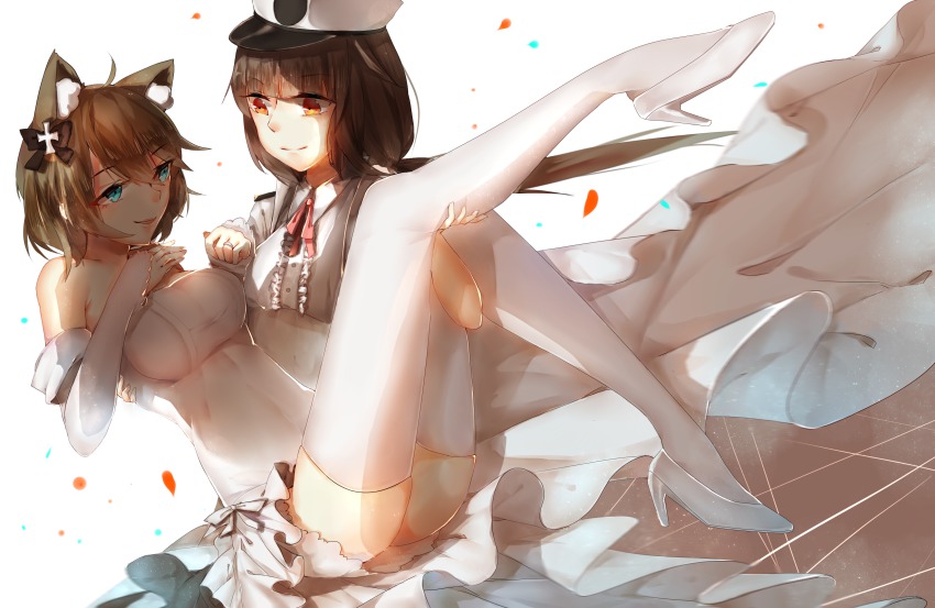 2girls, absurdres, animal_ears, aqua_eyes, bare_shoulders, bismarck_(warship_girls_r), breasts, bride, brown_hair, carrying, cat_ears, character_request, cleavage, detached_sleeves, dress, female_admiral_(warship_girls_r), highres, jewelry, juine, multiple_girls, princess_carry, red_eyes, ring, smile, thighs, warship_girls_r, wedding, wedding_band, wedding_dress, white_legwear, yuri