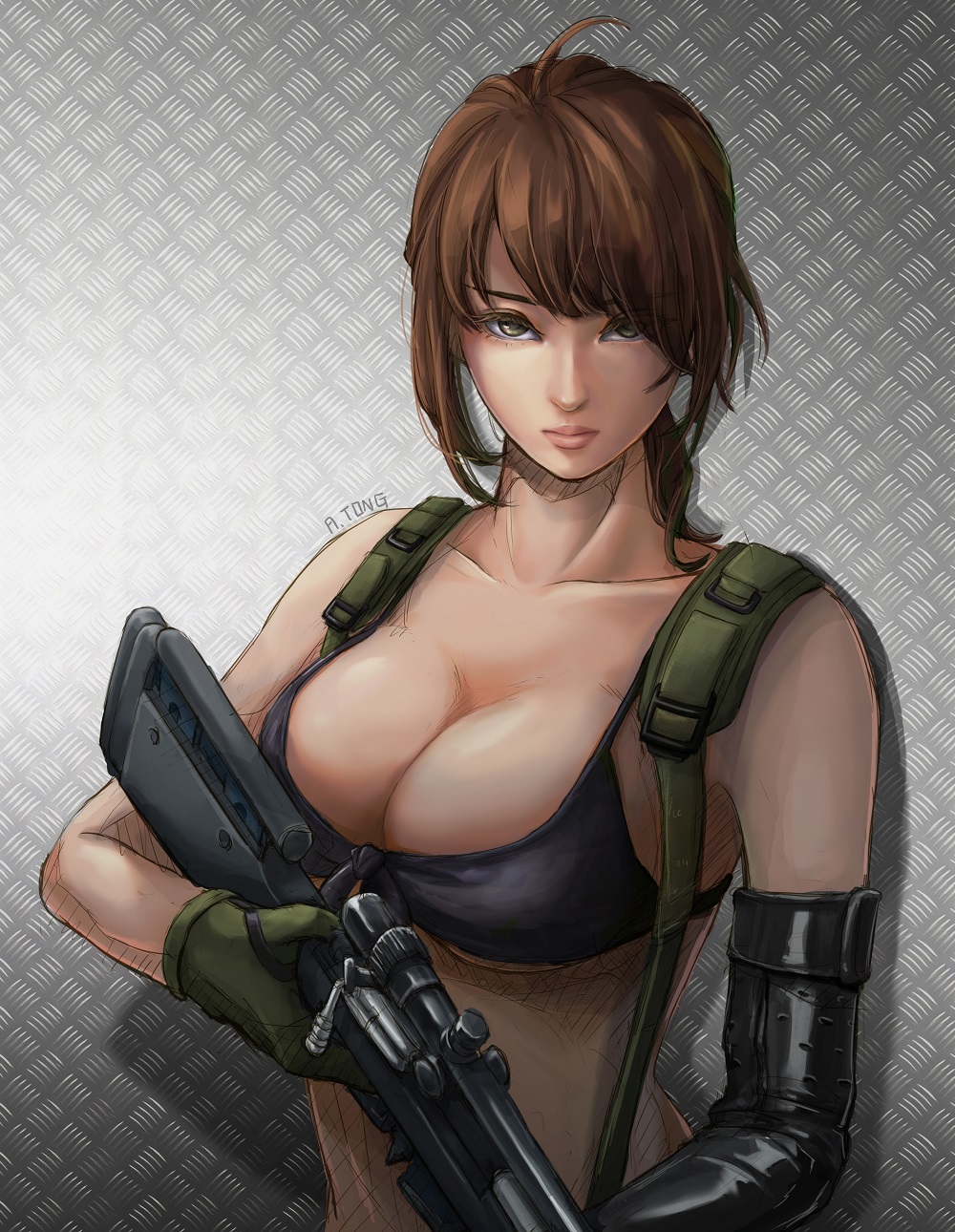 1girl, a.tong, ahoge, artist_name, bad_id, bad_pixiv_id, bikini, breasts, brown_hair, cleavage, collarbone, elbow_gloves, female_focus, front-tie_bikini_top, front-tie_top, gloves, green_eyes, gun, highres, holding, holding_weapon, large_breasts, lips, long_hair, looking_at_viewer, metal_gear_(series), metal_gear_solid_v:_the_phantom_pain, nose, ponytail, quiet_(metal_gear), rifle, signature, single_elbow_glove, sketch, sniper_rifle, solo, suspenders, swimsuit, torn_clothes, upper_body, weapon