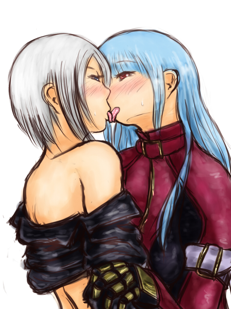 2girls, angel_(kof), bare_shoulders, blue_eyes, blue_hair, blush, bodysuit, eye_contact, half-closed_eyes, jacket, kiss, kula_diamond, l104yen_cola, long_hair, looking_at_another, multiple_girls, red_eyes, short_hair, silver_hair, snk, sweat, the_king_of_fighters, tongue, yuri