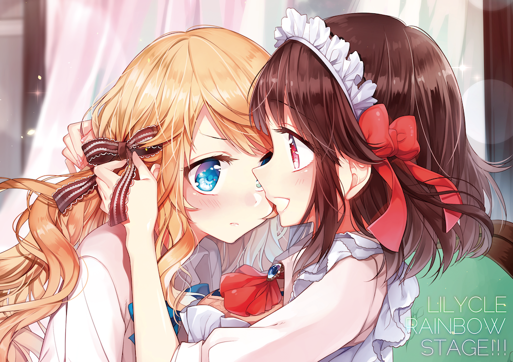 2girls, adjusting_another's_hair, adjusting_hair, blonde_hair, blue_eyes, bow, brown_hair, commentary_request