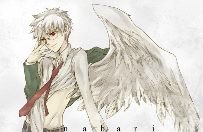 00s, 1boy, aizawa_kouichi, bad_id, bad_pixiv_id, glasses, male_focus, nabari_no_ou, red_eyes, school_uniform, serafuku, solo, white_background, white_hair, wings, yue_(pixiv)