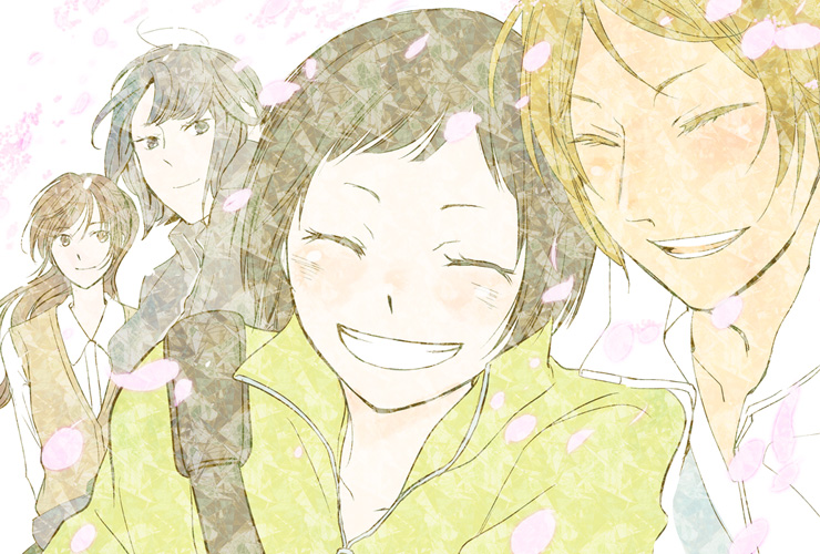 4girls, amishima_matsuri, black_hair, blonde_hair, blush, brown_hair, cherry_blossoms, closed_eyes