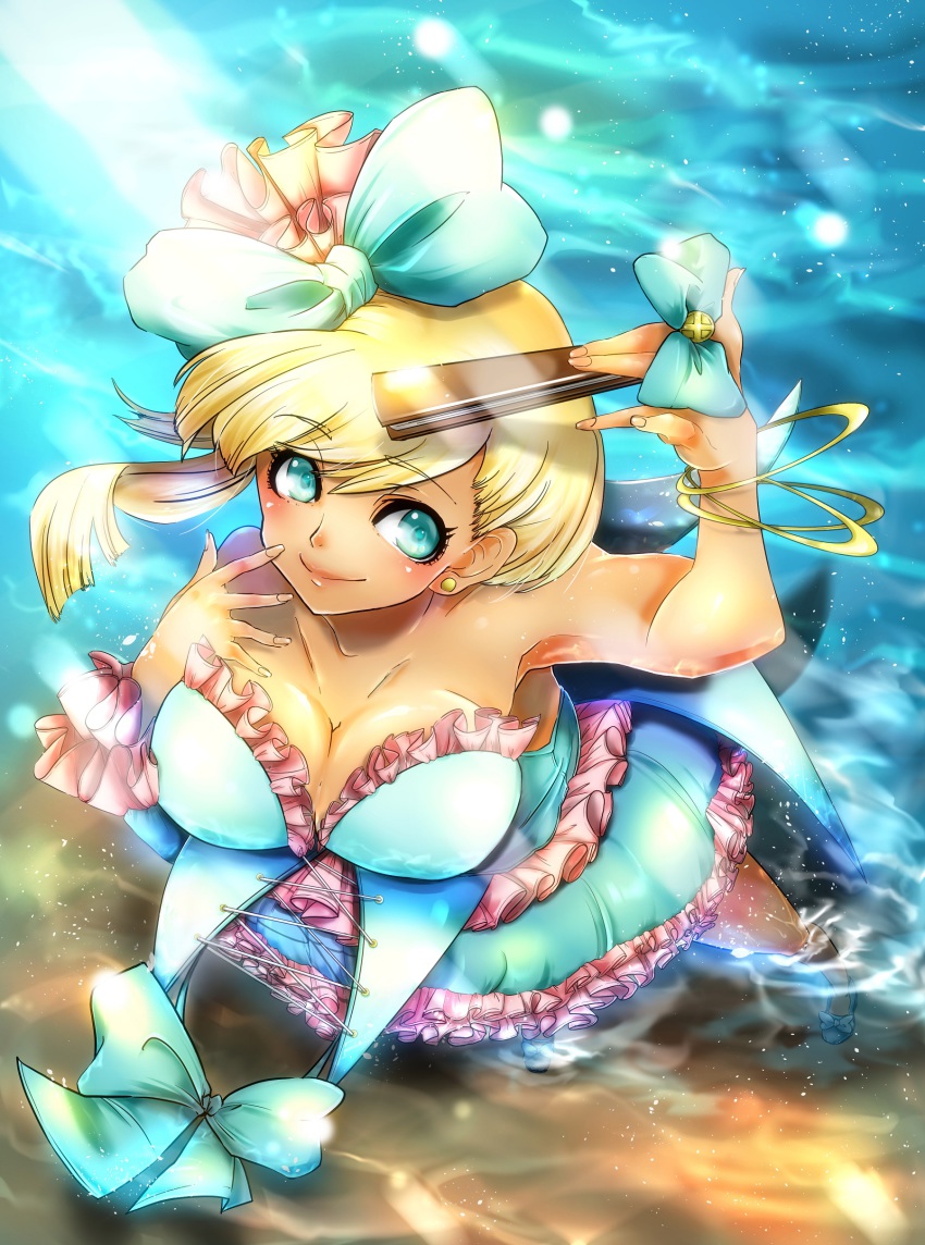 1girl, absurdres, aqua_eyes, bad_id, bad_pixiv_id, bare_shoulders, blonde_hair, blush