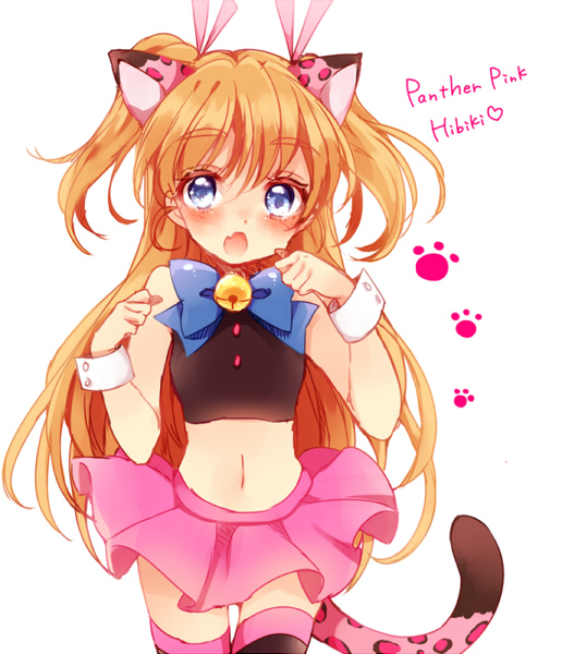 10s, 1girl, :o, animal_ears, bell, black_shirt, blue_bow, blue_eyes