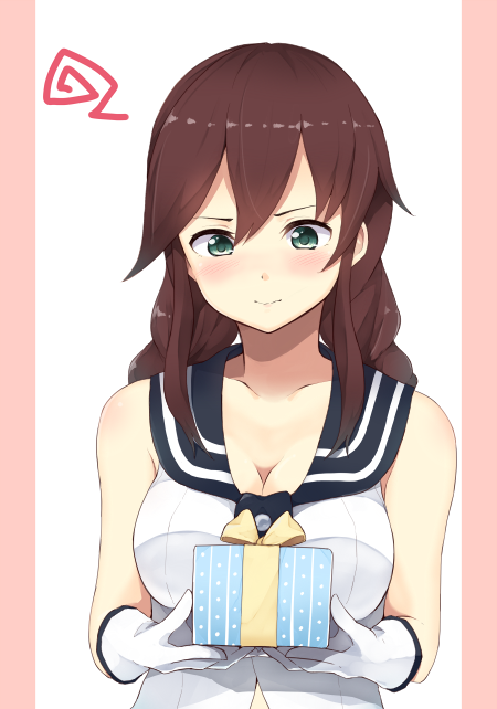 10s, 1girl, bare_shoulders, blush, box, braid, breasts, brown_hair