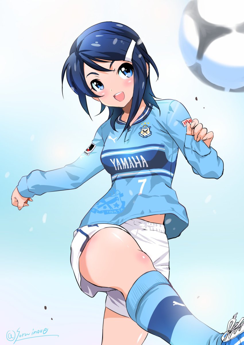 00s, 1girl, ball, blue_eyes, blue_hair, blush, blush_stickers, dated, female_focus, foreshortening, hair_ornament, hairclip, highres, idolmaster, idolmaster_dearly_stars, inoue_sora, j._league, jubilo_iwata, kicking, long_sleeves, matching_hair/eyes, midriff_peek, mizutani_eri, open_mouth, revision, short_hair, shorts, signature, sleeves_past_wrists, smile, soccer, soccer_ball, soccer_uniform, socks, solo, sportswear, tango_(soccer_ball), thighs, twitter_username