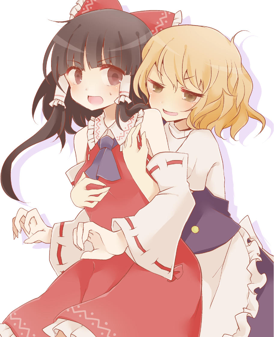 2girls, apron, ascot, bad_id, bad_pixiv_id, blonde_hair, blush, brown_eyes, brown_hair, detached_sleeves, grabbing_another's_breast, green_eyes, groping, hair_ribbon, hair_tubes, hakurei_reimu, hug, hug_from_behind, japanese_clothes, kirisame_marisa, long_sleeves, miko, multiple_girls, missing_headwear, open_mouth, puffy_sleeves, ribbon, shirt, short_hair, short_sleeves, simple_background, skirt, skirt_set, smile, sui_(aruko91), sweatdrop, touhou, waist_apron, white_background, wide_sleeves, yuri