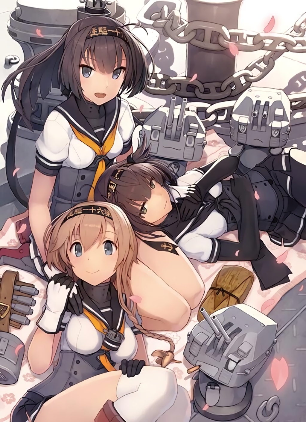 10s, 3girls, :d, akizuki_(kancolle), anchor_symbol, belt, black_hair, black_legwear