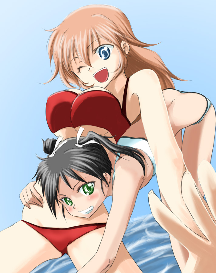 00s, 2girls, bikini, black_hair, blue_eyes, blush, charlotte_e._yeager, chiaki_lsd
