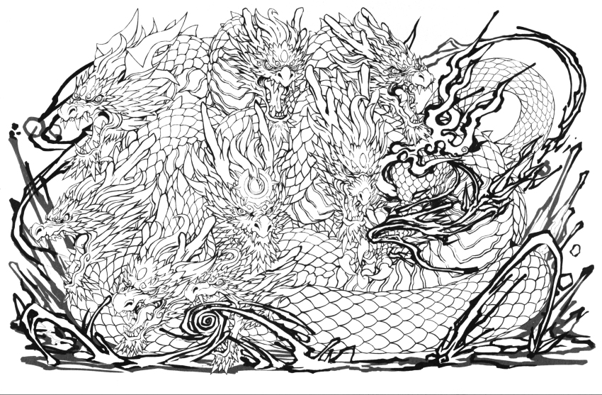 absurdres, dragon, greyscale, highres, lineart, monochrome, official_art, orochi_(p&amp;d)