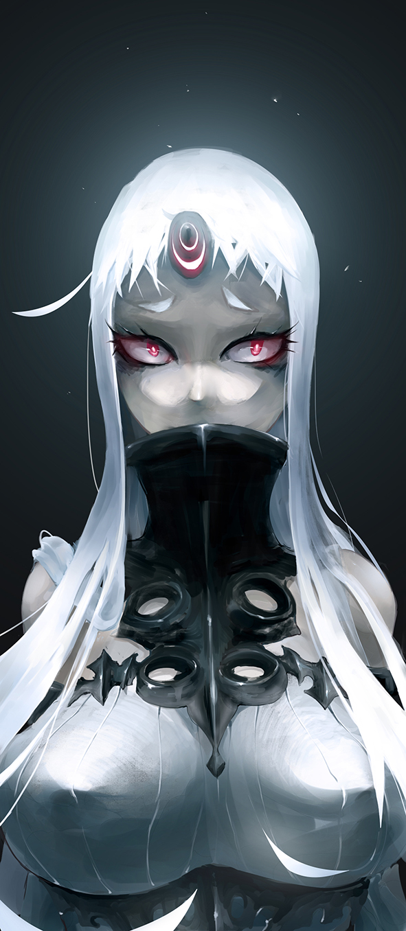 10s, 1girl, abyssal_ship, bags_under_eyes, breasts, collar, commentary_request, covered_mouth