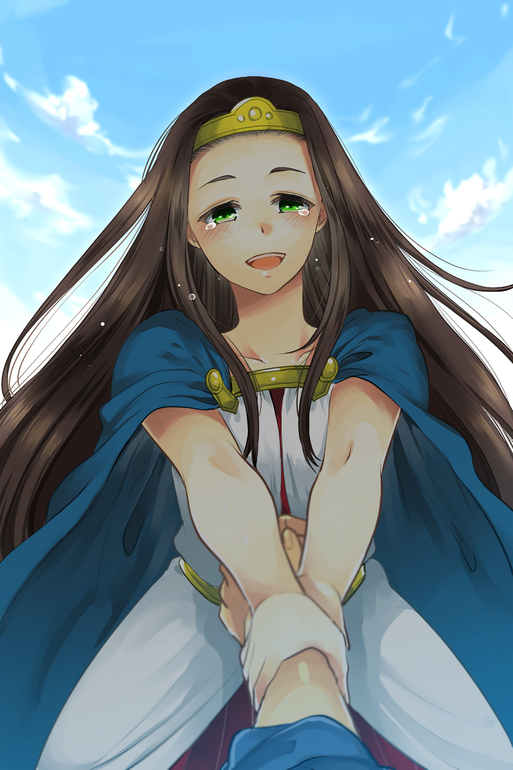 1boy, 1girl, :d, arm_grab, black_hair, blush, cape, circlet, crying, crying_with_eyes_open, dragon_quest, dragon_quest_viii, dress, green_eyes, hero_(dq8), highres, long_hair, looking_at_viewer, medea_(dq8), open_mouth, pov, pov_hands, smile, solo_focus, tears, yoshitaka_nakano