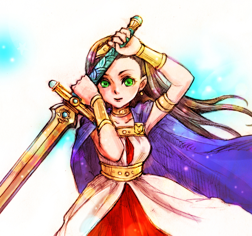 1girl, armlet, bracelet, brown_hair, cape, choker, circlet, dragon_quest