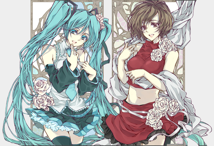 bad_id, bad_pixiv_id, bare_shoulders, hatsune_miku, long_hair, meiko_(vocaloid), midriff, navel