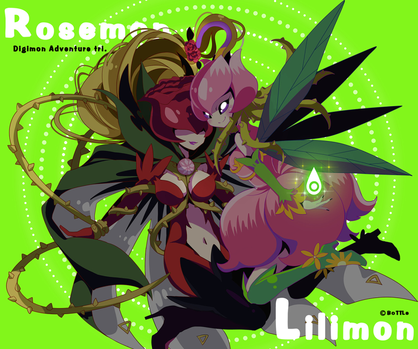 10s, 2girls, bare_shoulders, blonde_hair, boots, bottle_(x890264), breasts, cape, character_name, cleavage, copyright_name, covered_eyes, detached_sleeves, digimon, digimon_(creature), digimon_adventure, digimon_adventure_tri., elbow_gloves, flower, gloves, green_background, hair_flower, hair_ornament, high_heel_boots, high_heels, large_breasts, leaf, lilimon, lipstick, long_hair, looking_at_viewer, low-tied_long_hair, makeup, multiple_girls, nail_polish, navel, no_humans, plant, purple_eyes, rosemon, smile, symbol, thigh_boots, thighhighs, thorns, vines, whip, wings