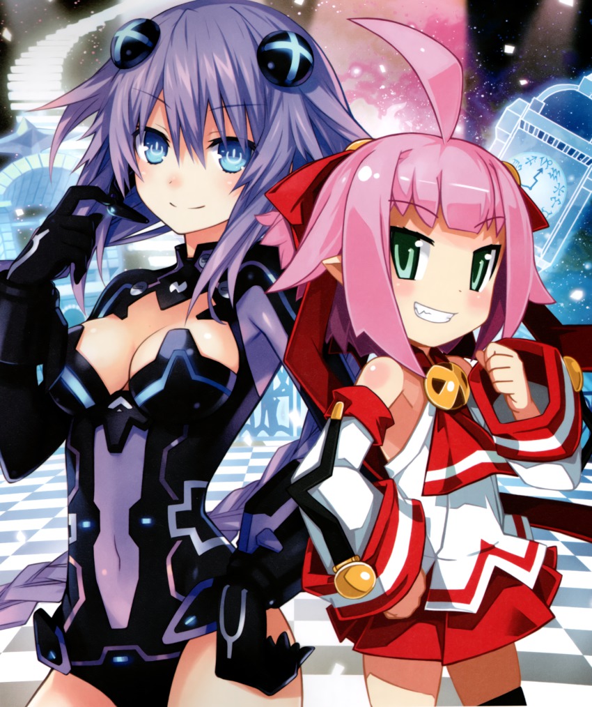 10s, 2girls, absurdres, age_difference, ahoge, armor, attouteki_yuugi_mugen_souls, bare_shoulders