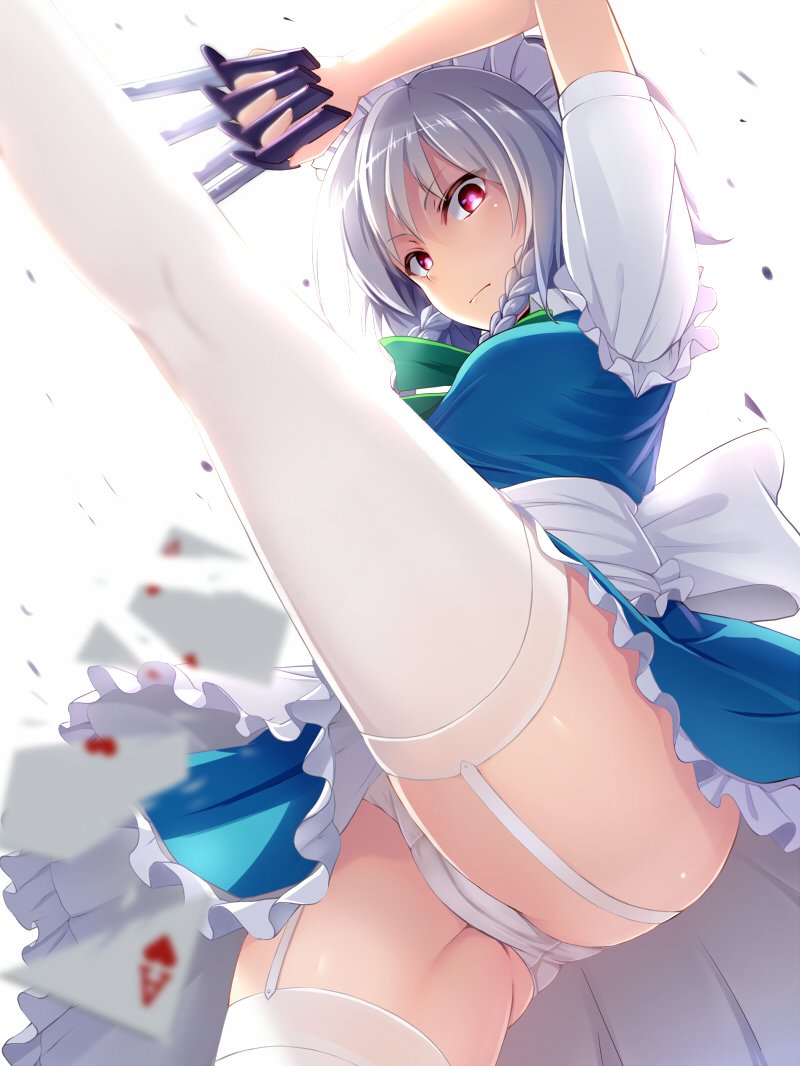 1girl, apron, arms_up, braid, card, female_focus, garter_straps, hair_ribbon