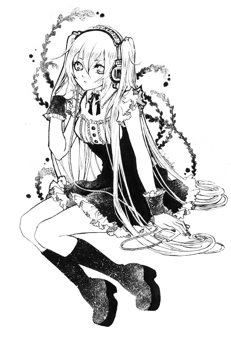 1girl, boots, bow, mp3_player, dress, female_focus, frills, greyscale