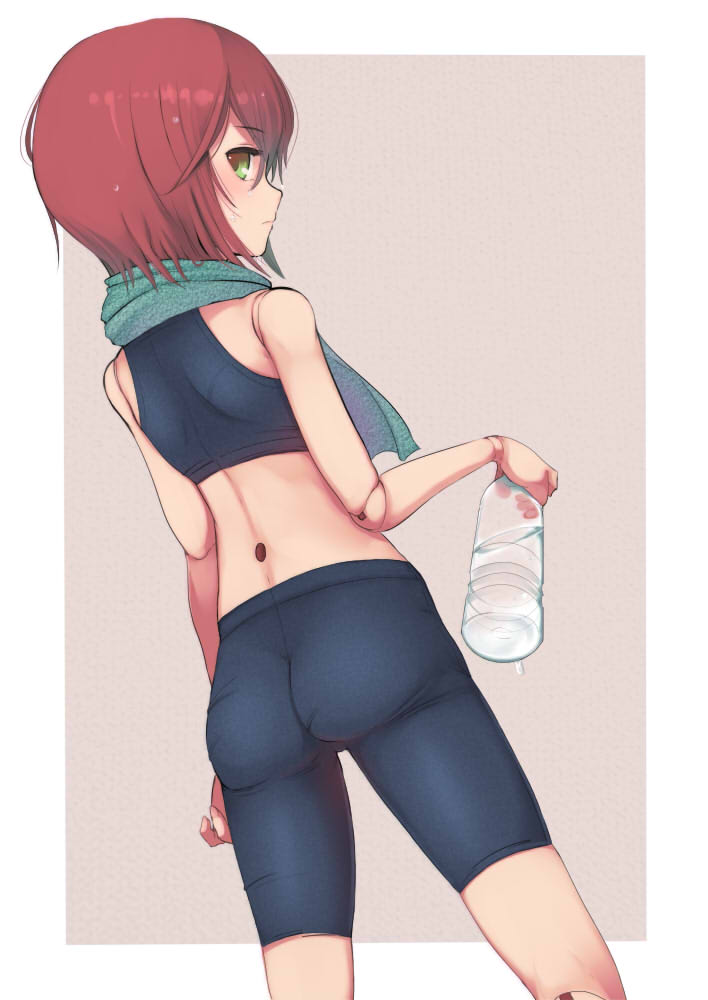 1girl, ass, bike_shorts, bottle, brown_hair, doll_joints, female_focus, green_eyes