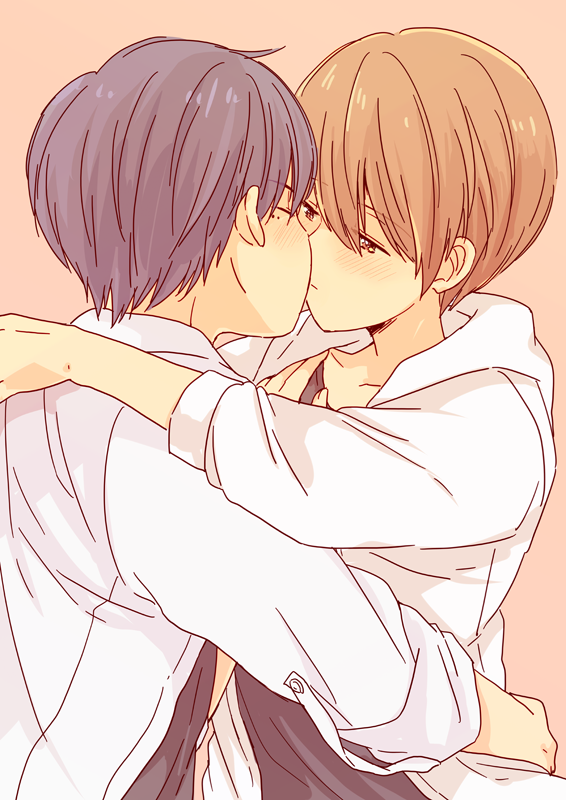 2boys, blonde_hair, blush, child, kiss, male_focus, multiple_boys, nagiyaki_(momomo77), short_hair, simple_background, yaoi