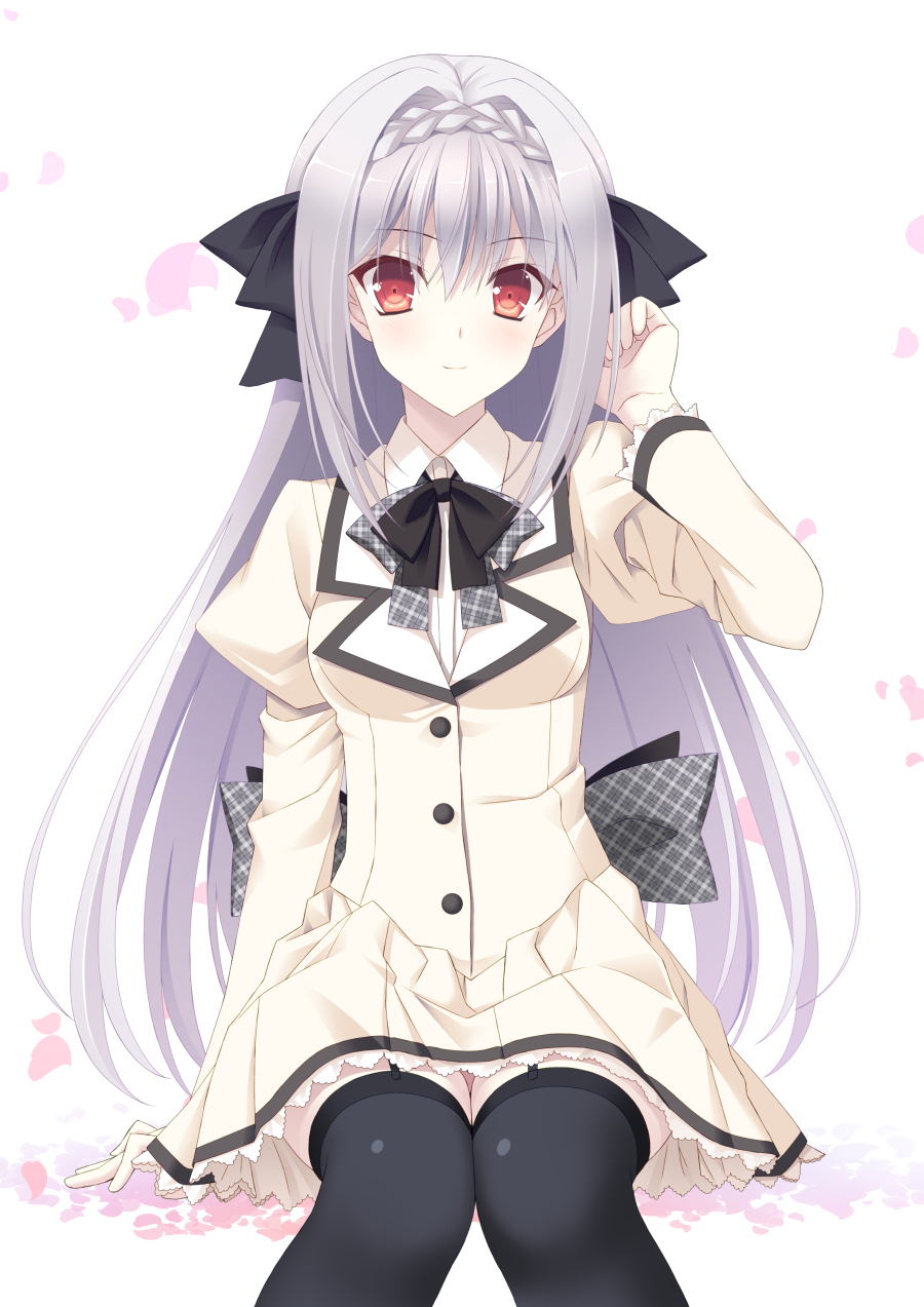 1girl, black_ribbon, black_thighhighs, ese_shinshi, female_focus, garter_straps, hair_ribbon, highres