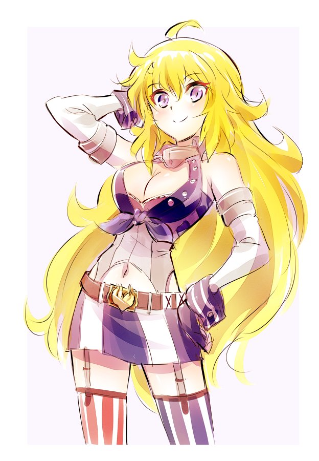 1girl, ahoge, bare_shoulders, blonde_hair, blush, breasts, cleavage, collar, commentary_request, corset, cosplay, cowboy_shot, elbow_gloves, female_focus, garter_straps, gloves, hair_between_eyes, hand_in_own_hair, hand_on_own_hip, iesupa, iowa_(kancolle), iowa_(kancolle)_(cosplay), kantai_collection, large_breasts, long_hair, look-alike, looking_at_viewer, miniskirt, navel, purple_eyes, rwby, shirt, skirt, smile, solo, striped_clothes, striped_thighhighs, thighhighs, tied_shirt, very_long_hair, yang_xiao_long, zettai_ryouiki