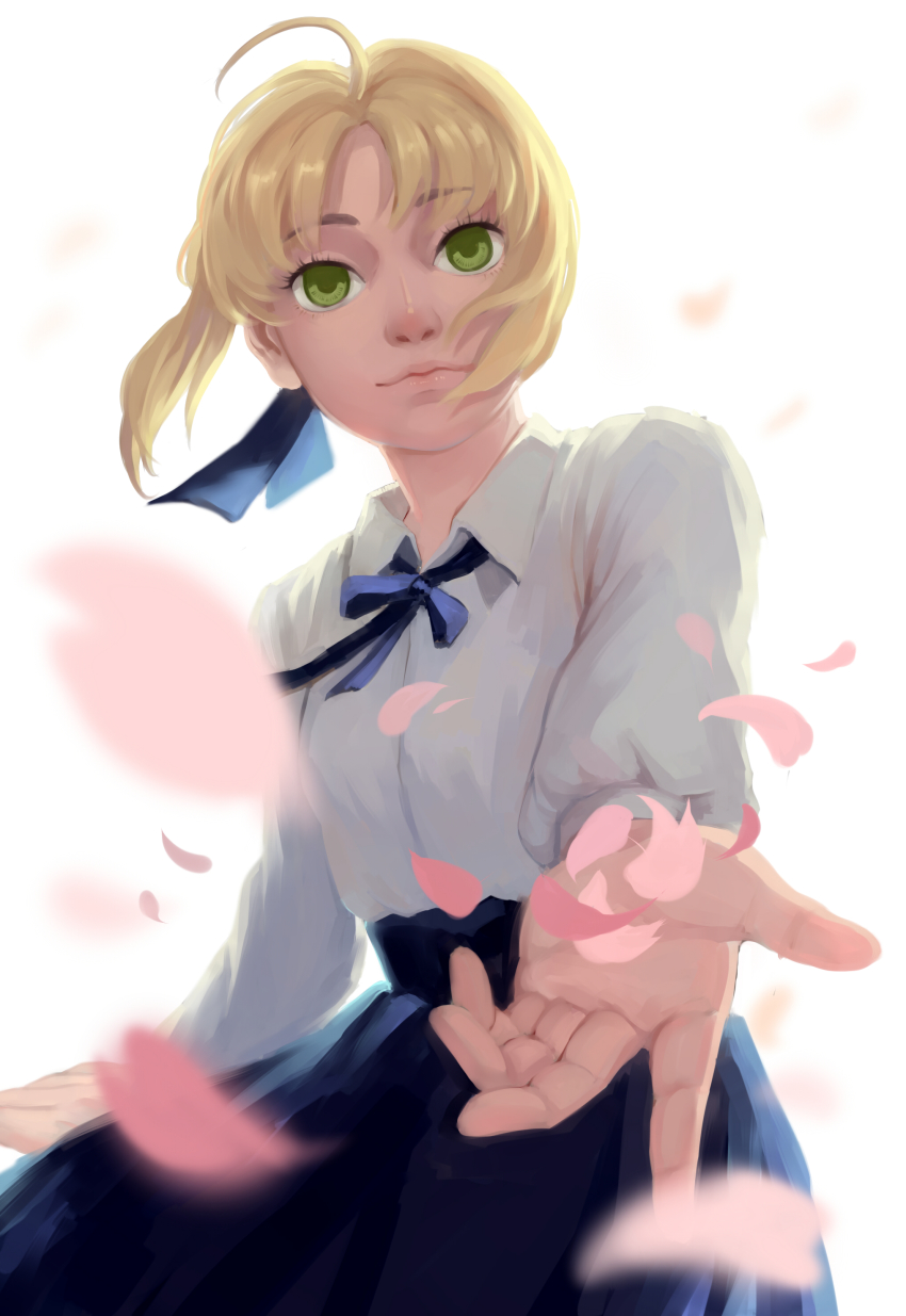 1girl, absurdres, ahoge, artoria_pendragon_(fate), blonde_hair, cherry_blossoms, fate/stay_night, fate_(series), female_focus, green_eyes, highres, outstretched_hand, petals, raised_eyebrows, saber_(fate), senho_qianbu, skirt, solo