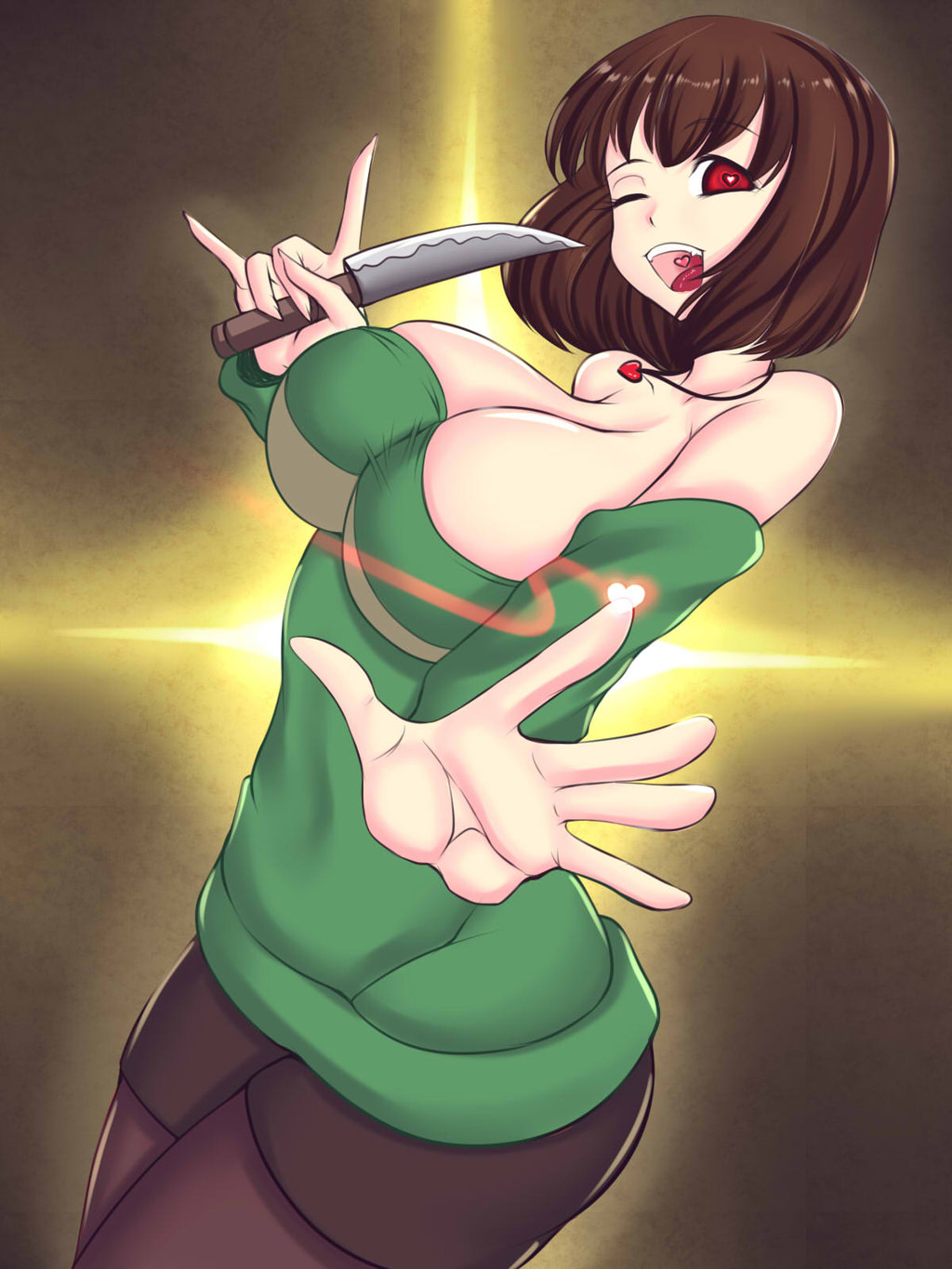 1girl, aged_up, breasts, brown_hair, chara_(undertale), cleavage, female_chara_(undertale), female_focus
