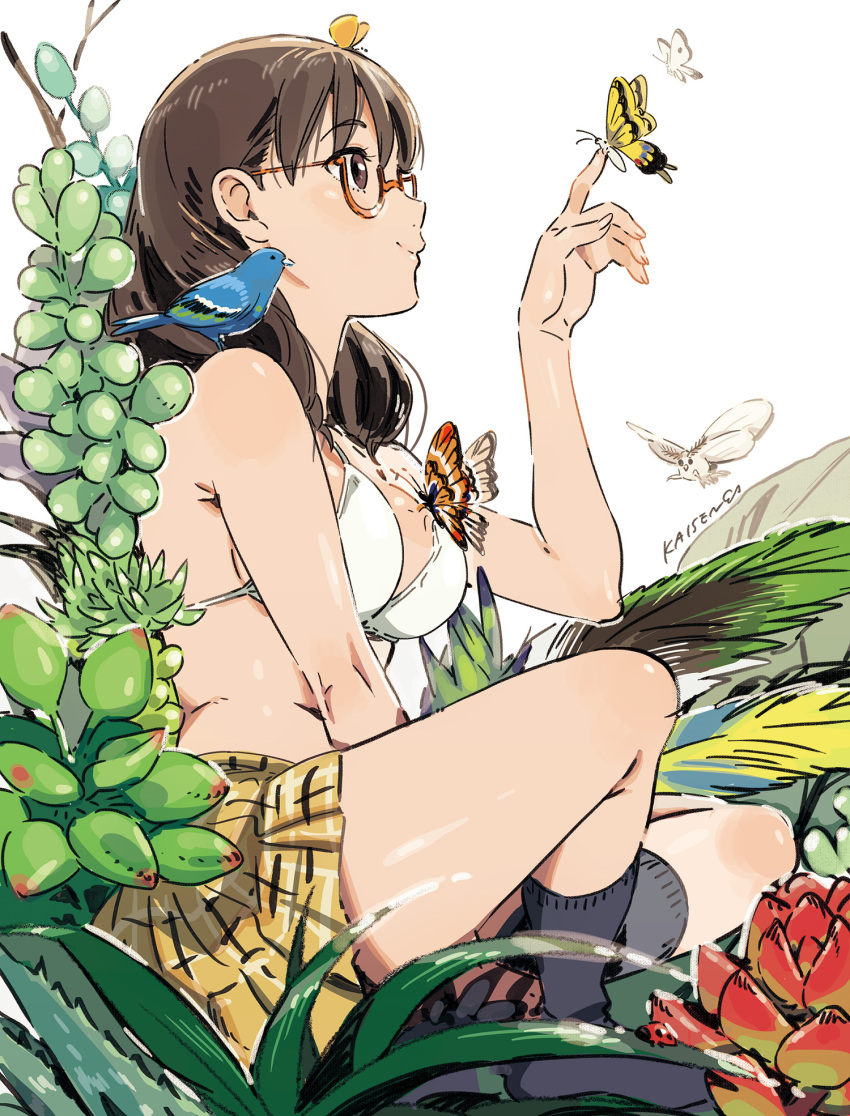 1girl, animal, animal_on_shoulder, artist_name, bare_arms, bare_shoulders, beak, between_legs, bird, bird_on_shoulder, black_socks, blush, bra, branch, breasts, brown_eyes, brown_hair, bug, butterfly, butterfly_on_hand, butterfly_on_head, cleavage, closed_mouth, eyebrows, female_focus, from_side, glasses, grass, hand_between_legs, highres, index_finger_raised, indian_style, insect, ladybug, long_hair, looking_up, moth, moth_on_hand, moth_on_head, no_shirt, no_shoes, on_shoulder, original, plaid_clothes, plaid_skirt, plant, profile, red-framed_eyewear, semi-rimless_eyewear, shiny_skin, signature, simple_background, sitting, skirt, smile, socks, solo, umishima_senbon, under-rim_eyewear, underwear, white_bra, yellow_skirt