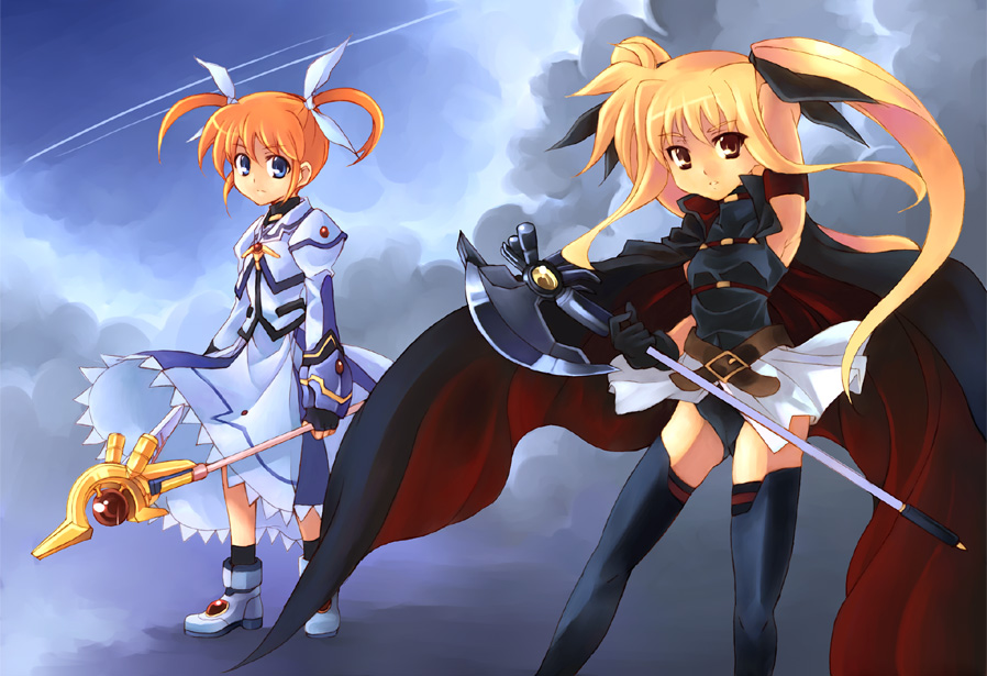 10s, 2girls, axe, bardiche_(axe_form)_(nanoha), bardiche_(nanoha), blonde_hair, blue_eyes, fate_testarossa