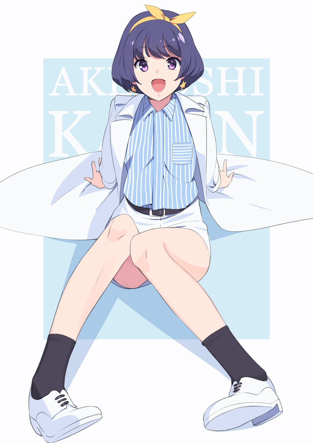 1girl, akeboshi_karin, belt, black_hair, black_socks, bob_cut, character_name, female_focus