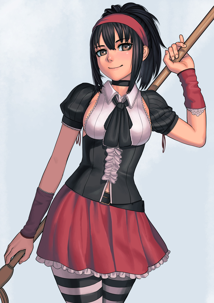 1girl, animification, belt, black_hair, breasts, brown_eyes, female_focus, holding, holding_behind_back, lasterk, looking_at_viewer, marvel, nico_minoru, pantyhose, ponytail, runaways_(marvel), skirt, smile, solo, staff, striped_clothes, striped_pantyhose, wristband