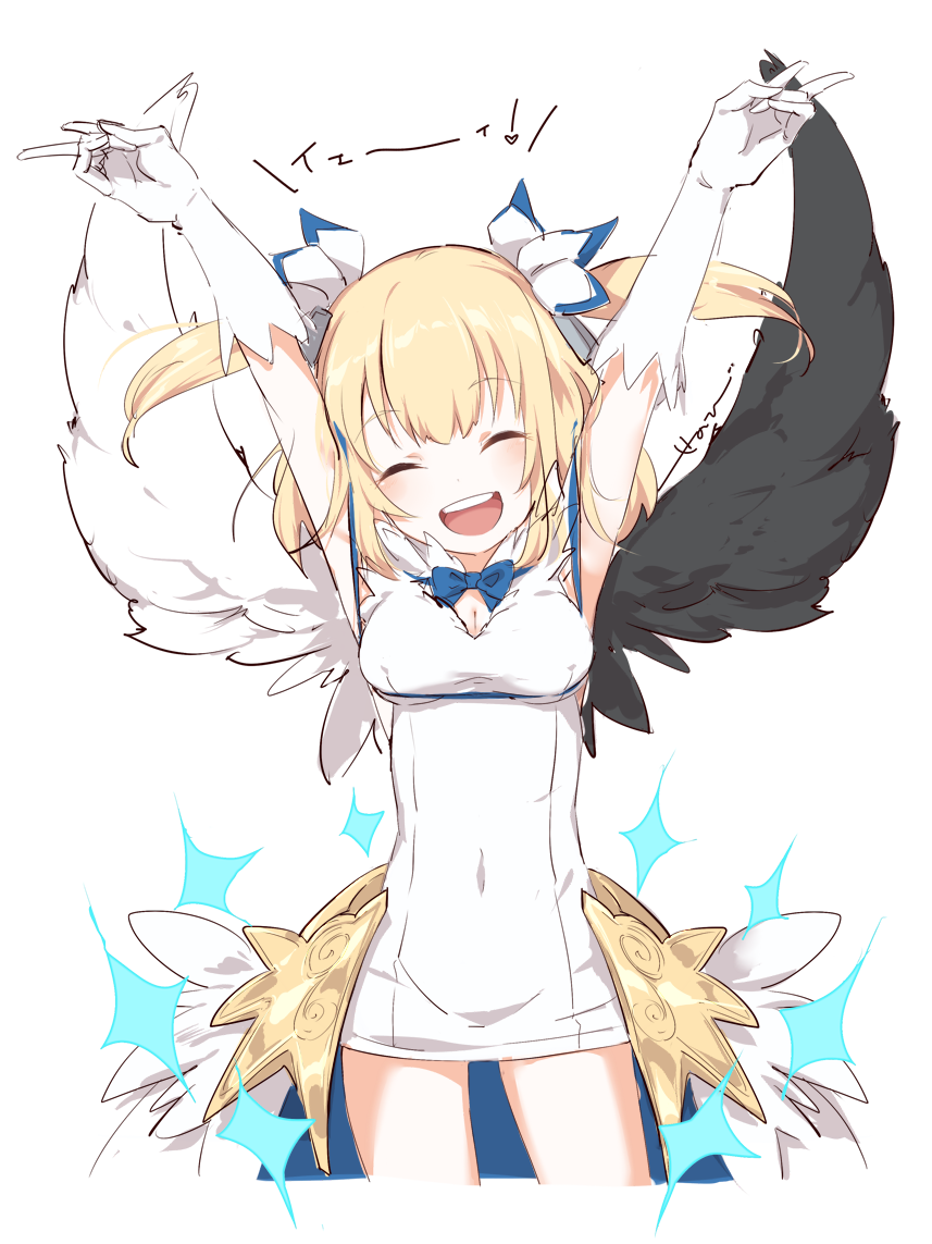 1girl, :d, ^_^, arms_up, black_wings, blonde_hair, breasts, closed_eyes
