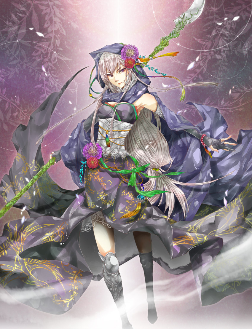1girl, cape, female_focus, fingerless_gloves, flower, gloves, hair_flower, hair_ornament, highres, hood, hoodie, japanese_clothes, long_hair, naginata, original, polearm, purple_eyes, sengoku_taisen, solo, tmtkai, very_long_hair, weapon, white_hair