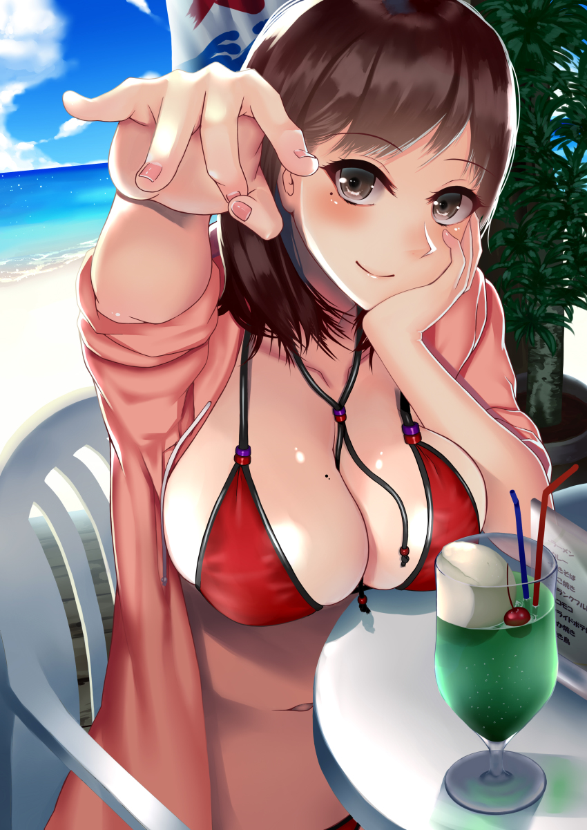 1girl, absurdres, arm_support, beach, bikini, blue_sky, blush, breasts