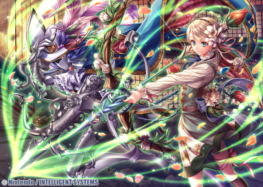 1boy, 1girl, arrow_(projectile), atlus, bad_id, bad_pixiv_id, blonde_hair, blue_eyes, blue_hair, bow_(weapon), cape, company_name, copyright_name, crossbow, earrings, feathers, fire_emblem, fire_emblem_cipher, flower, genei_ibunroku_#fe, gloves, hairband, hasumi_fumi, hat, jewelry, leaf, long_hair, mask, nintendo, official_art, petals, tokyo_mirage_sessions_fe, viole_(gir#fe), virion_(gir#fe), weapon, yumizuru_eleanora, yumizuru_eleonora