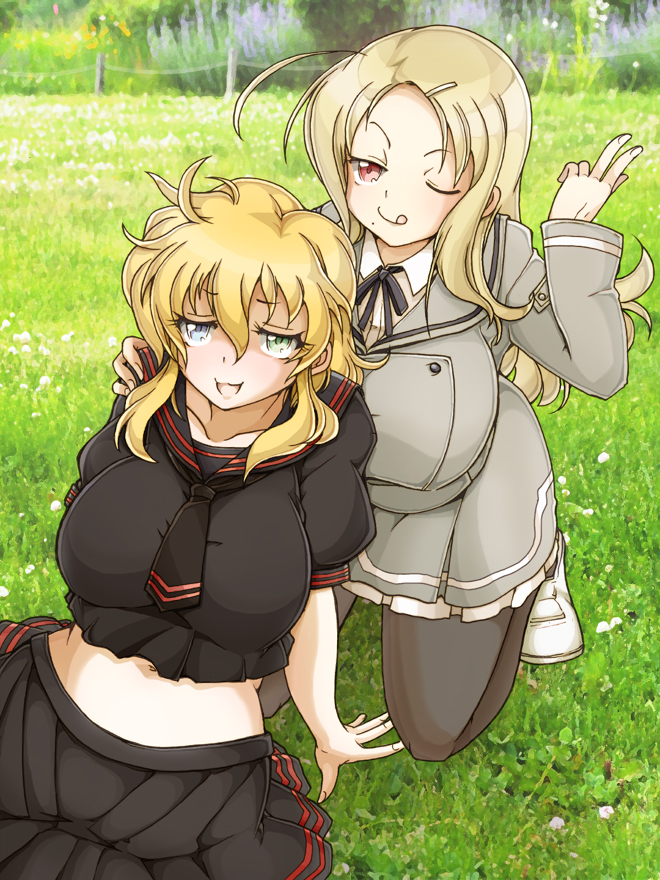 10s, 2girls, azusamori_aruka, black_serafuku, blush, breasts, grass, large_breasts, md5_mismatch, multiple_girls, navel, necktie, ryouna_(senran_kagura), school_uniform, senran_kagura, serafuku, shiki_(senran_kagura), tongue, tongue_out, yuri