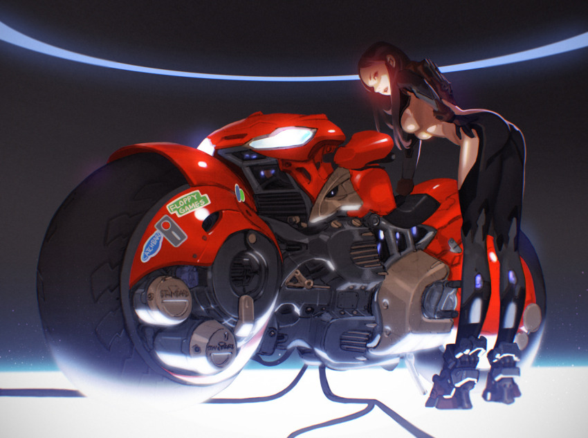 1girl, bent_over, bodysuit, breasts, female_focus, motor_vehicle, motorcycle, original